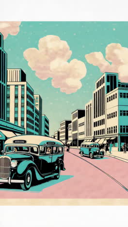 vintage urban street scenes with trams and buses