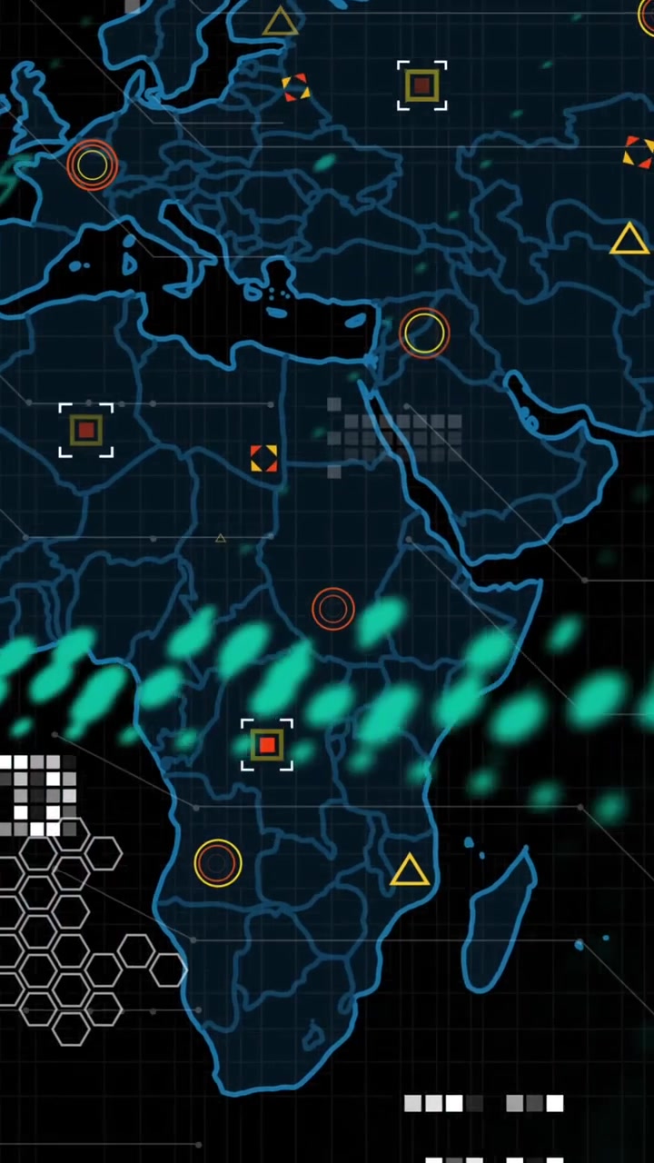 Animation of data processing over world map against black background
