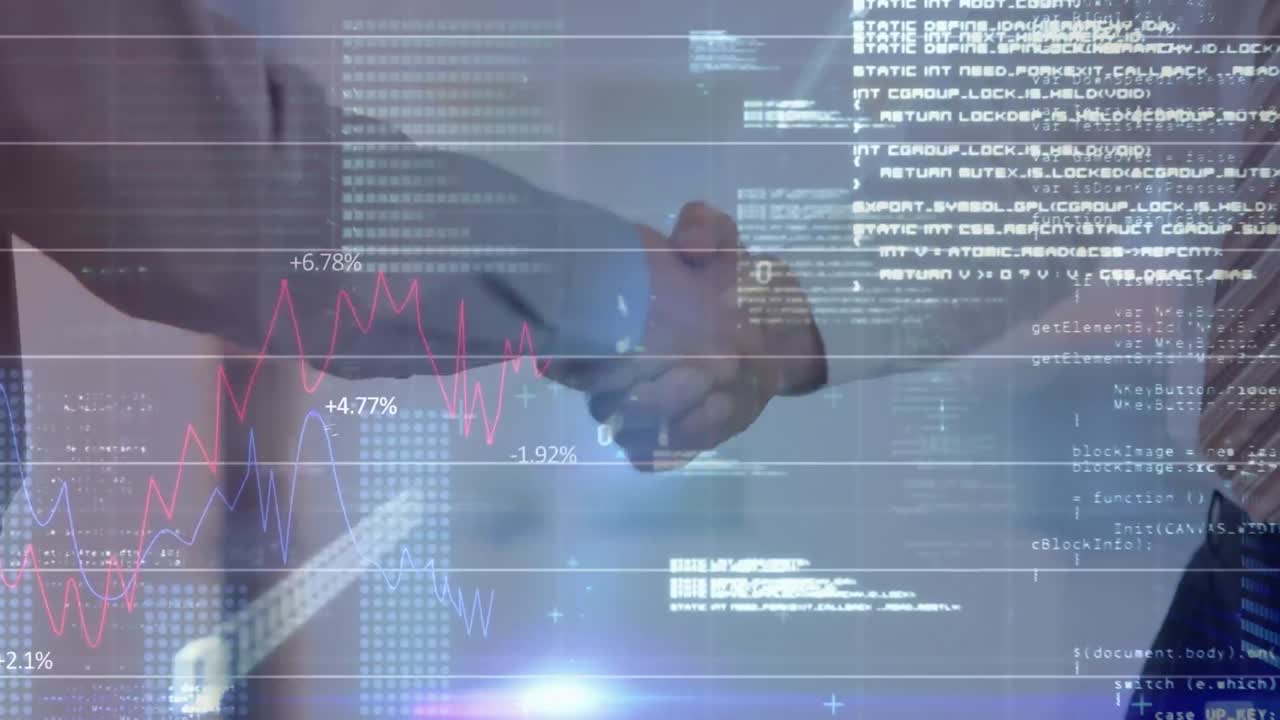 금융 데이터 처리의 애니메이션 사업가들이 손을 흔들고 있습니다.