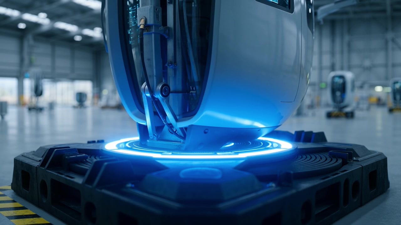 Futuristic Spherical Robot Landing on a Glowing Charging Pad in a Modern Factory