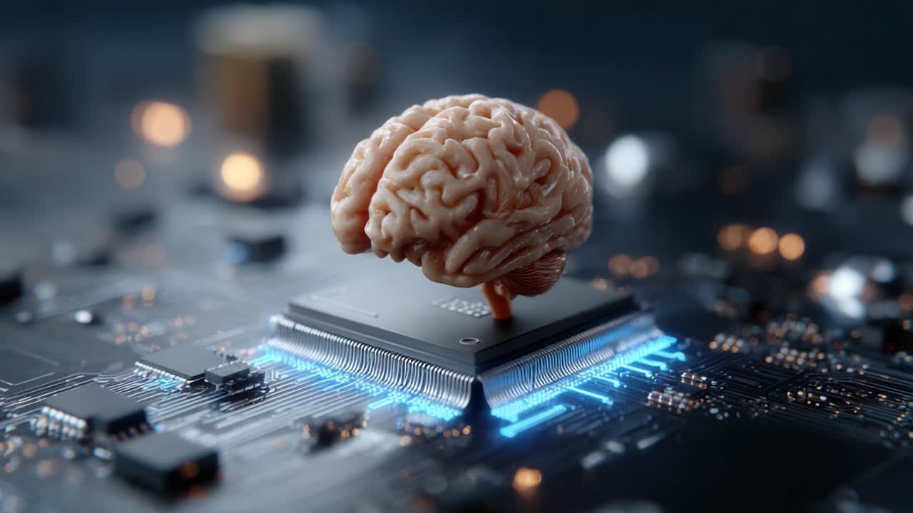 A Symbolic Representation of the Interconnection Between Human Intelligence and Advanced Technology, Showcasing a Brain on a Circuit Board with Futuristic Elements
