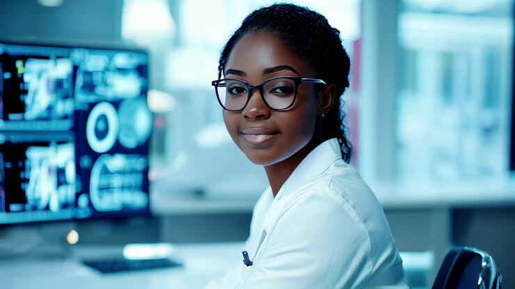 Black female doctor in glasses sitting at a desk with multiple computer screens