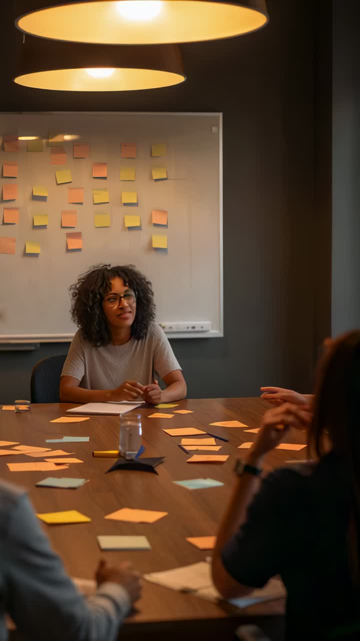 Vertical video: Meeting starting woman in light top leading planning at table, writing sticky notes