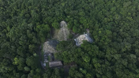 wide shot of yaxha mayan ruins north acropolis at guatemala, aerial