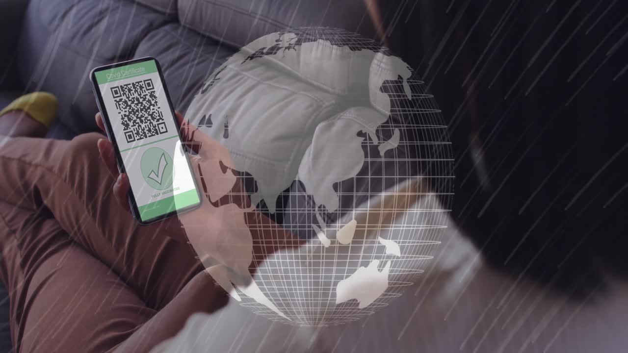 animación de una mujer con un teléfono inteligente con pasaporte de vacunación contra la covid-19 en todo el mundo