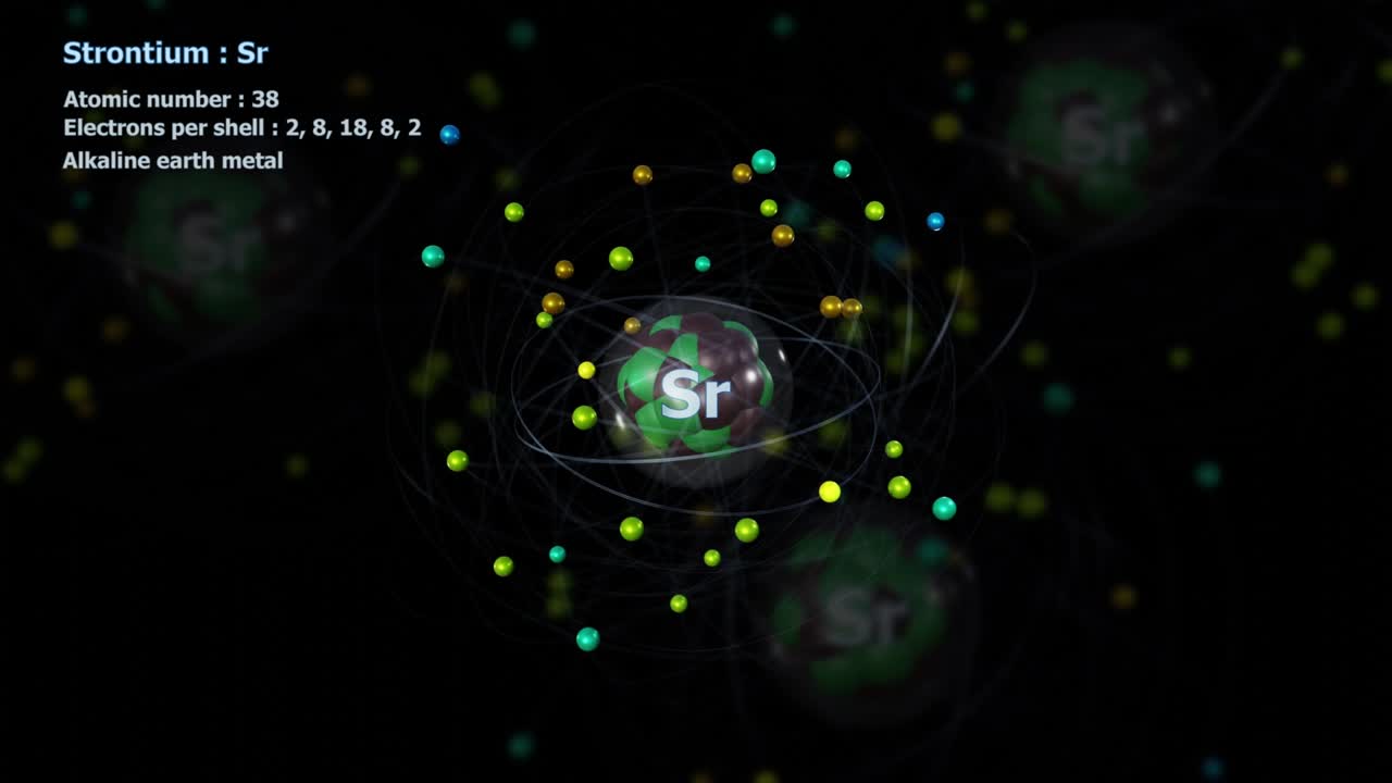 스트론 원자는 다른 원자들과 무한한 도 회전 속에 있는 38개의 전자를 가지고 있다.