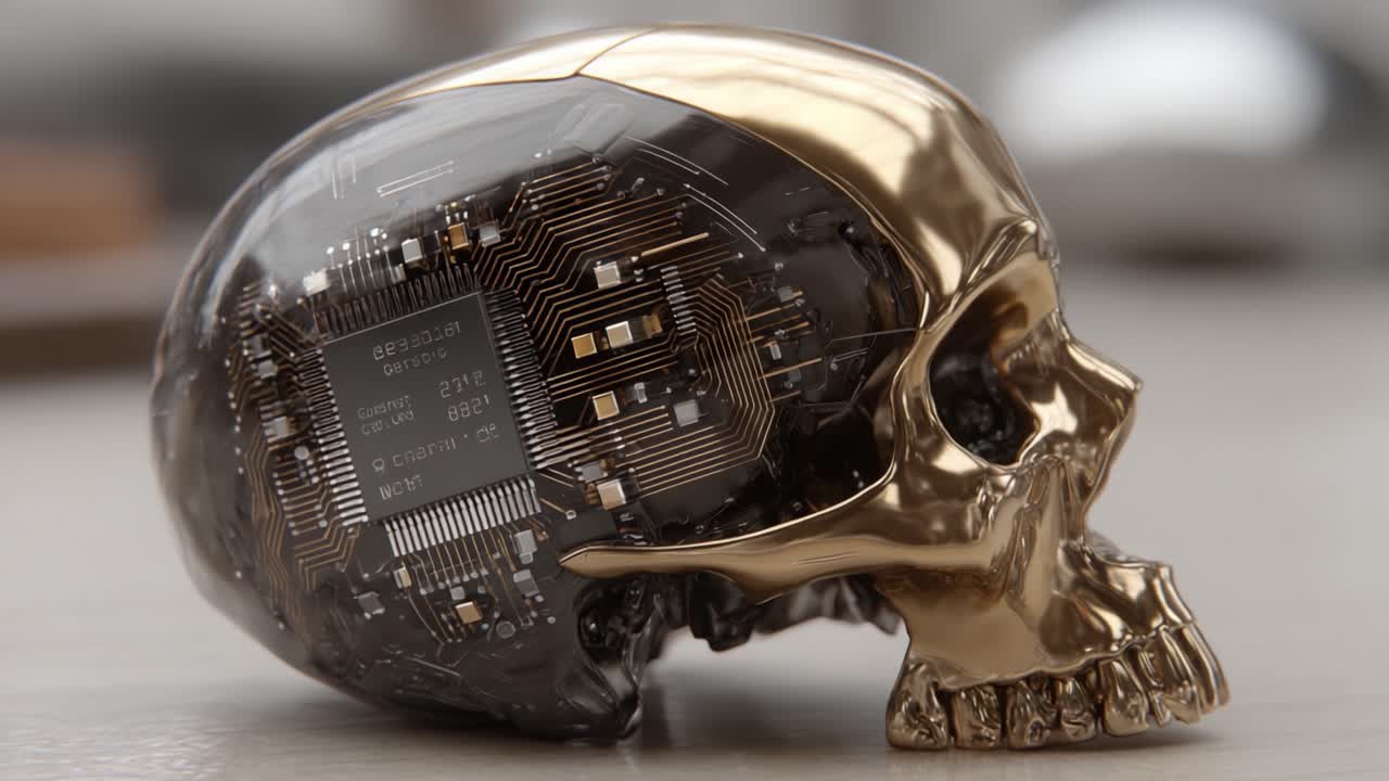 Intricate Fusion of Art and Technology: A Captivating Glimpse of a Metallic Skull Showcasing Circuitry and Modern Design Elements