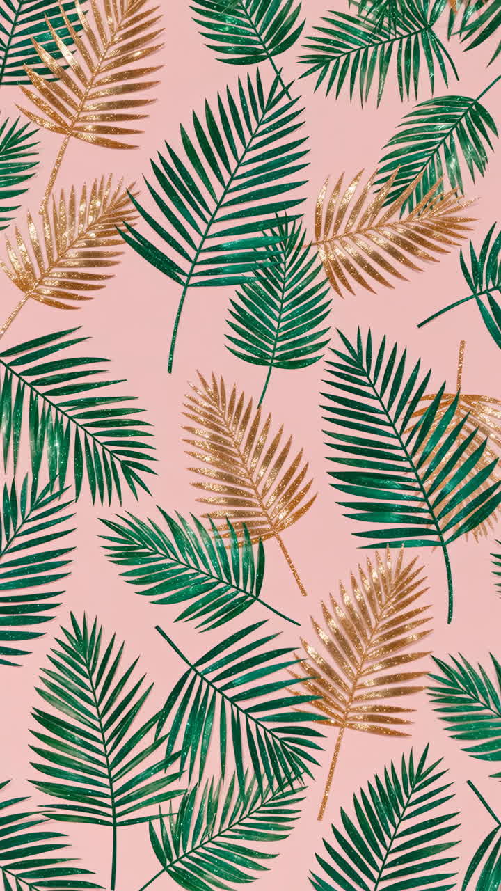 Glittery Gold and Green Palm Leaves Pattern on Pink Background