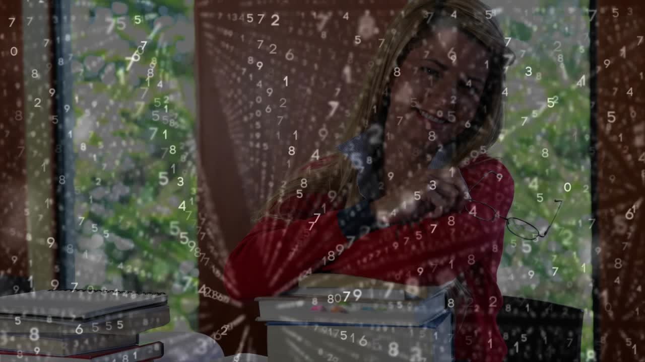 Woman lifting handset to ear and initiating inventory call while animated icons highlighting boxes