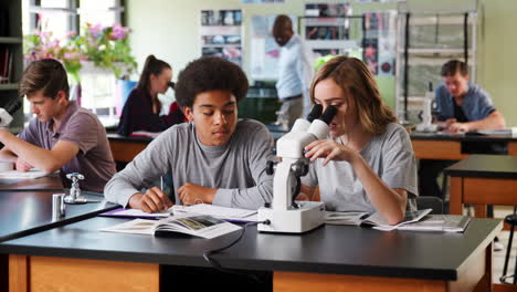 high school students with tutor using microscope in biology class