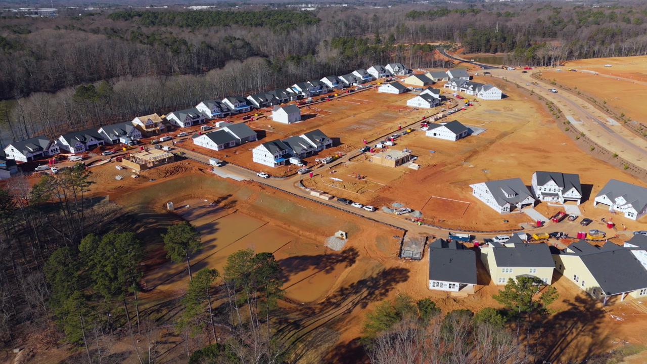 New Residential Subdivision Under Construction Development In USA. Aerial Drone Shot