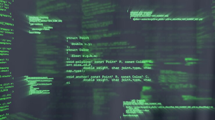 Rullende grønne kodelinjer, programmerings- og hackinganimation på computerskærm.