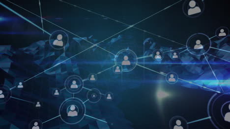 network graph being rendered in 3d on dark blue terrain, showing glowing user nodes and connections