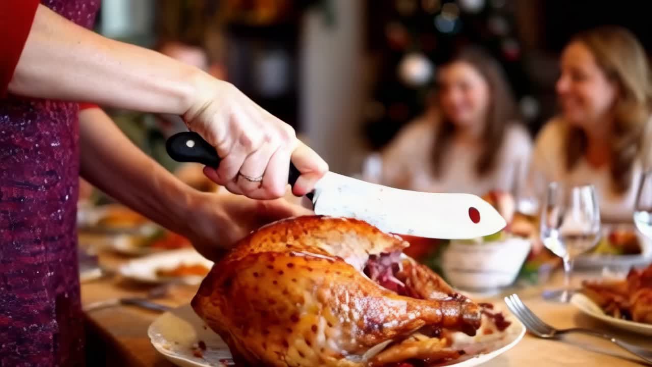 A woman is cutting a turkey at a table with other people. Scene is festive, Thanksgiving dinner