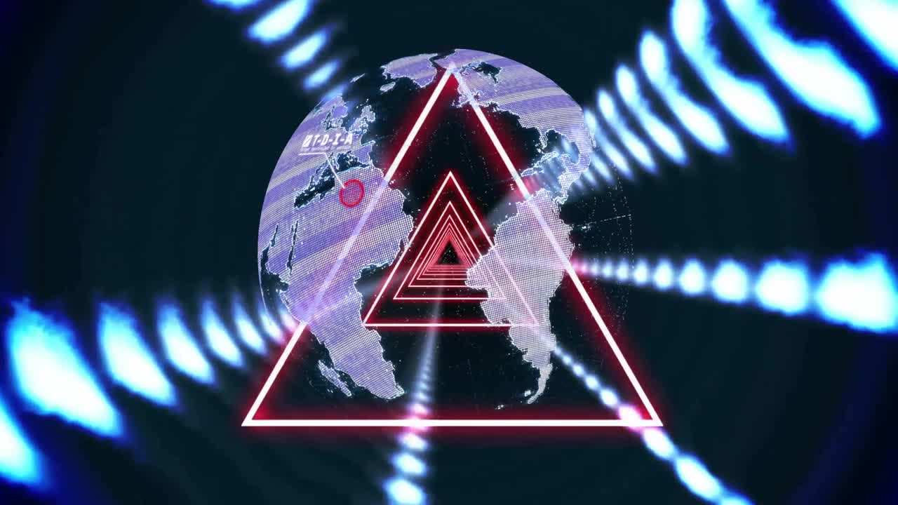 Opening backdrop starting neon triangles rotating around globe with QTA satellite showing network