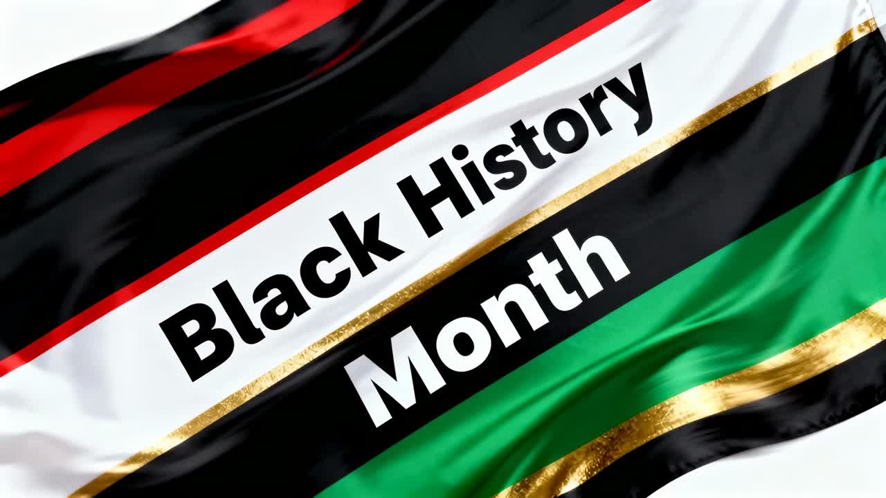 Leggera brezza che muove la bandiera con la scritta Mese della storia afroamericana che sventola in studio, mostrando palo e strisce