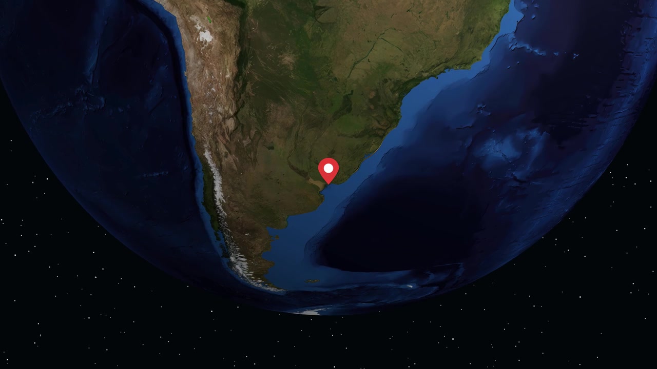 A 3D globe rotates and zooms into South America, highlighting Montevideo with informational text