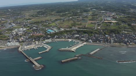 wide aerial view of daisen and mikuriya town, tottori japan