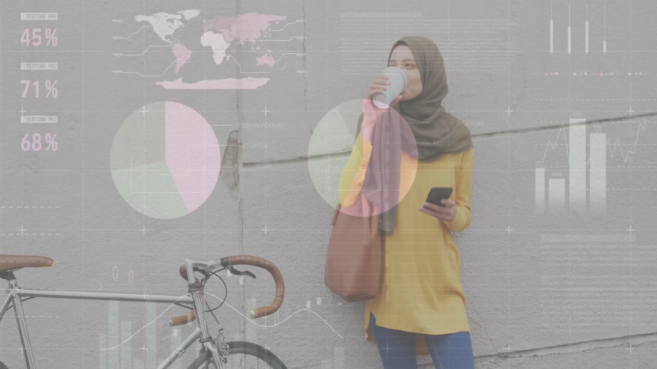 Animation of financial data and graphs over biracial woman using smartphone