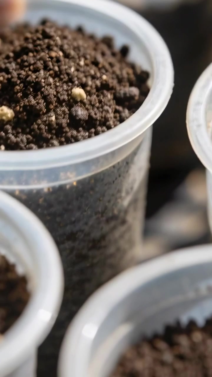 Video verticale: La telecamera si muove rivelando vasi trasparenti per piantine con terra e perlite su un vassoio scuro.