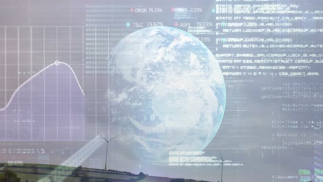 animation of graphs, globe and data processing over wind turbine
