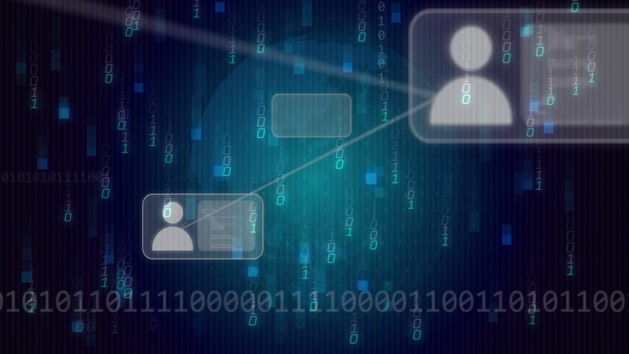 animación de iconos digitales, codificación binaria y procesamiento de datos