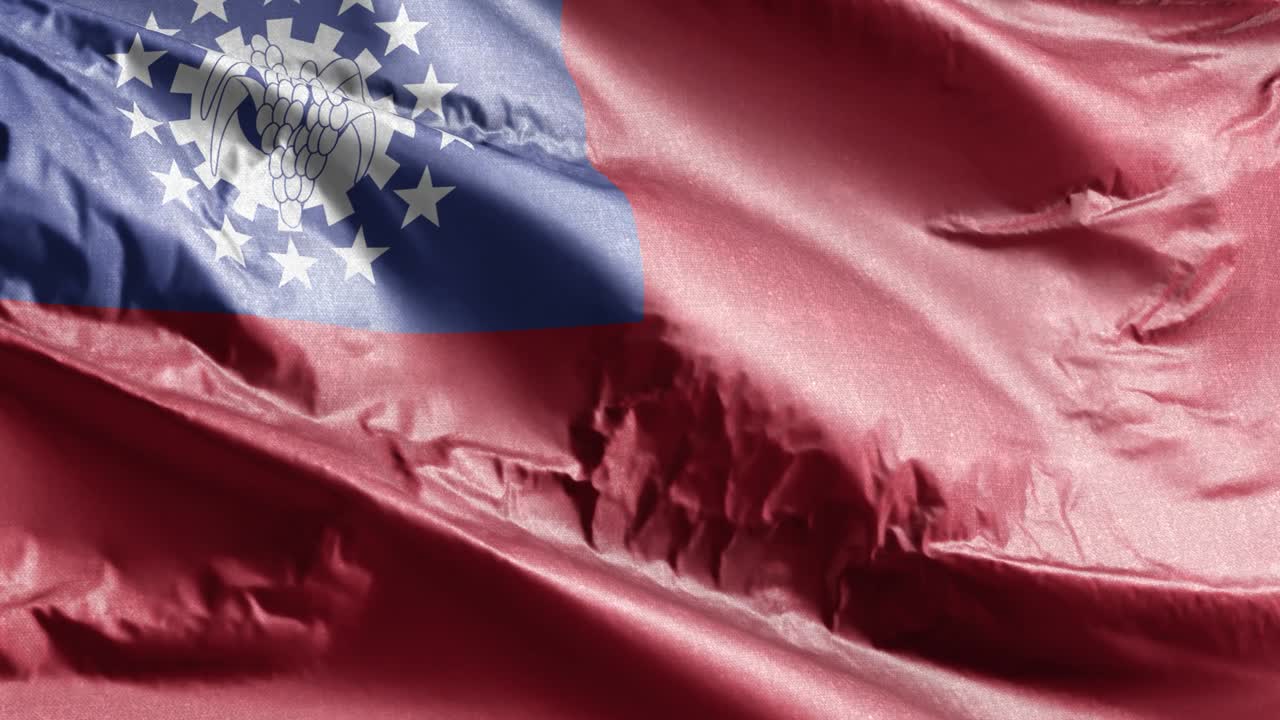 Bandiera del Myanmar (Birmania) che sventola al vento in loop. Stendardo del Myanmar (Birmania) che ondeggia alla brezza. Sfondo a schermo intero. Loop di 10 secondi
