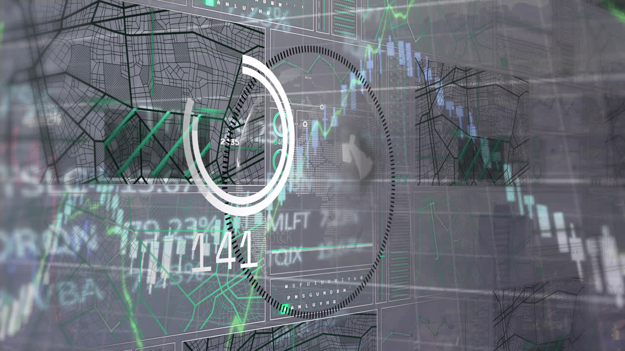 animación del procesamiento de datos con escaneo de globo y alcance en fondo gris