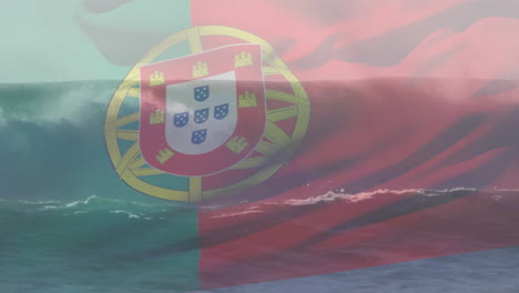 animation of flag of portugal blowing over waves in sea