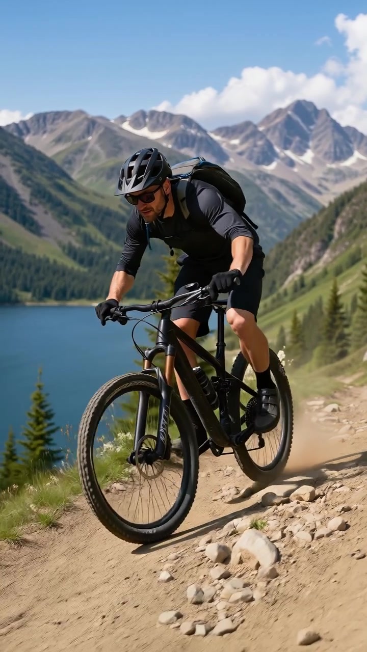 Uomo in mountain bike su un sentiero sterrato panoramico con alte montagne e un lago sullo sfondo.