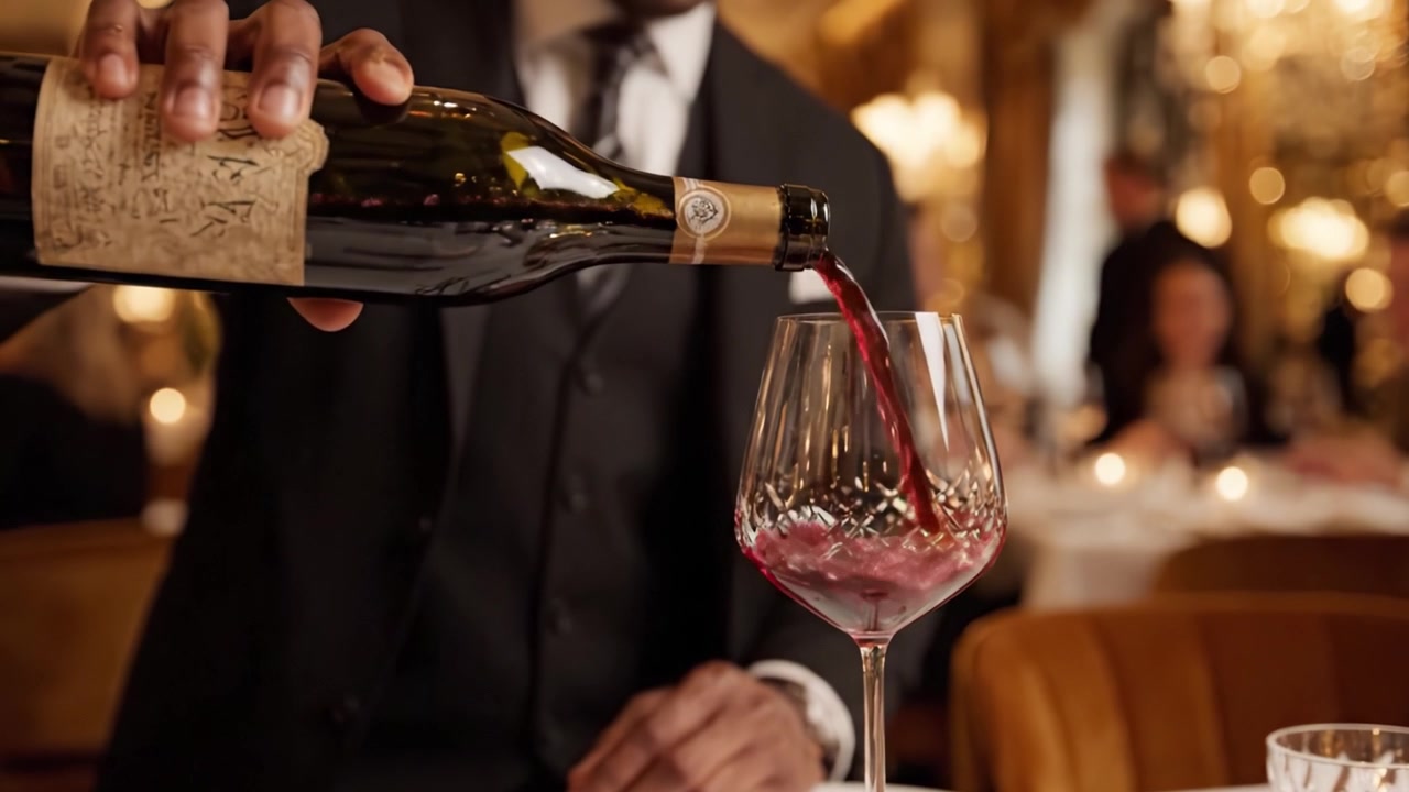 Un'elegante esperienza gastronomica: un sommelier professionista versa vino pregiato in un calice di cristallo in un ambiente di ristorante sofisticato con un'atmosfera calda