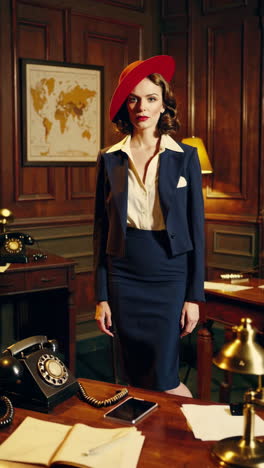 vintage businesswoman in 1940s office setting