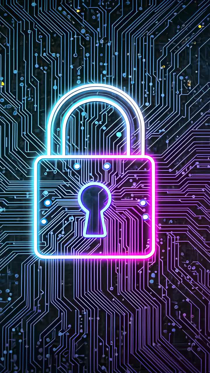 Vertical video: Starting padlock pulsing and nodes flickering on circuit traces, signaling security