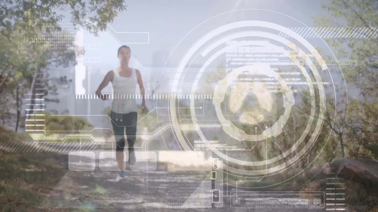 디지털 화면의 애니메이션과 데이터 프로세싱에 대한 적합한 여성 달리기