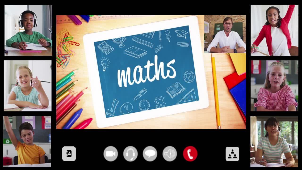 Animation of interface screen with text, maths, teacher and six diverse children in online lesson