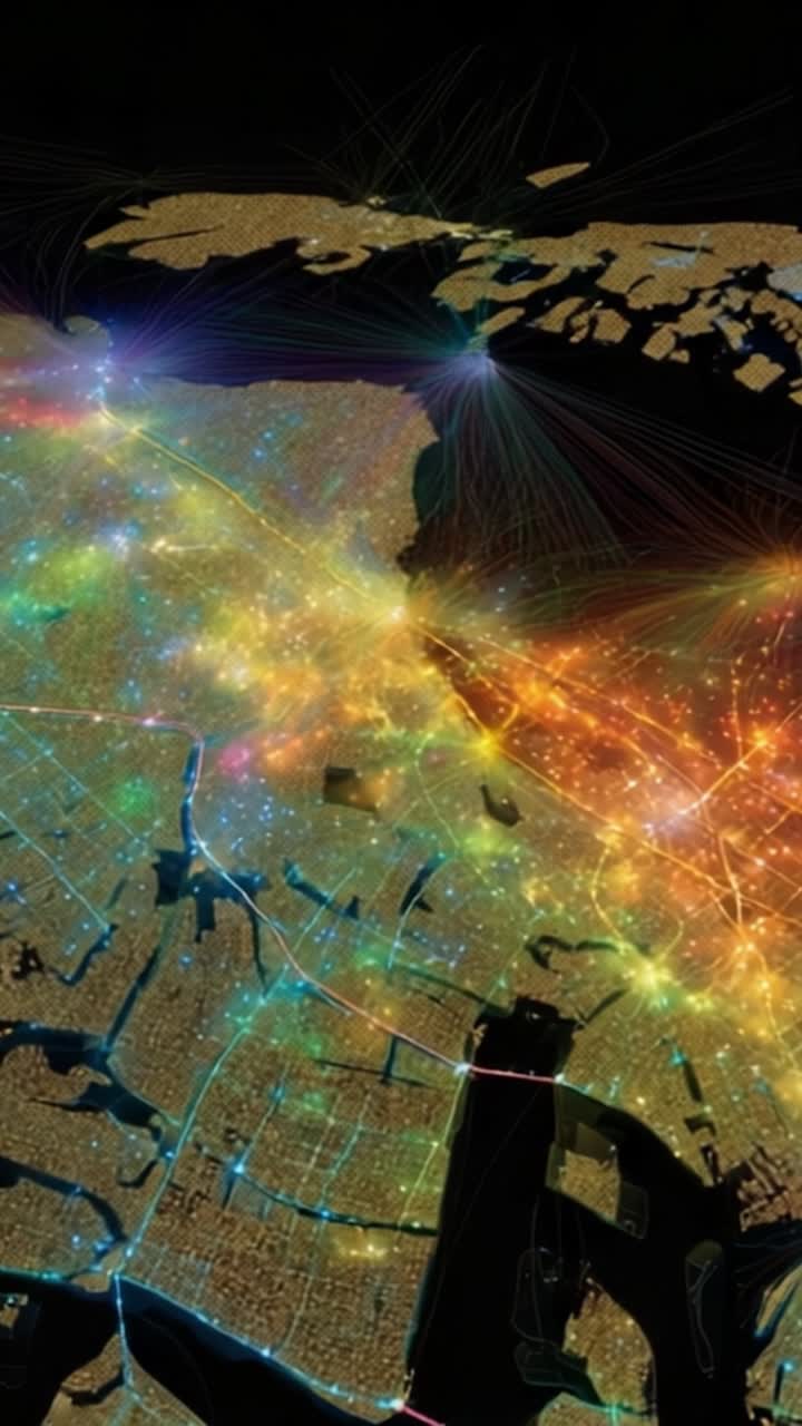 Visualizzazione colorata di una mappa digitale che mostra connessioni di rete e modelli urbani con una vibrante esposizione di luci e flussi di dati attraverso il paesaggio cittadino.