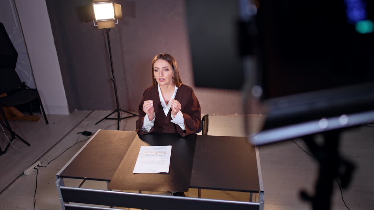 Good-looking brunette woman in brown jacket talks and gestures filming a video. High angle view at the blogger creating content.