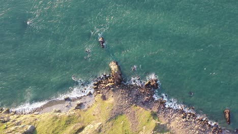 Disparo-De-Un-Dron-Que-Se-Eleva-Desde-Una-Escena-Costera-Rocosa,-Con-Olas-Del-Océano-Rompiendo-Contra-Las-Rocas-En-La-Costa-Norte-De-Devon,-Reino-Unido