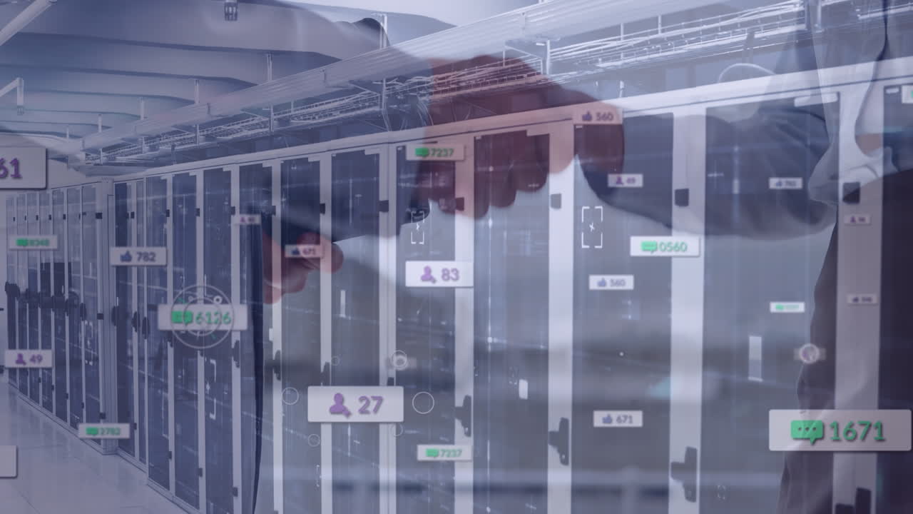 다양한 사업가들이 손을 흔드는 데이터와 소셜 미디어 아이콘의 애니메이션