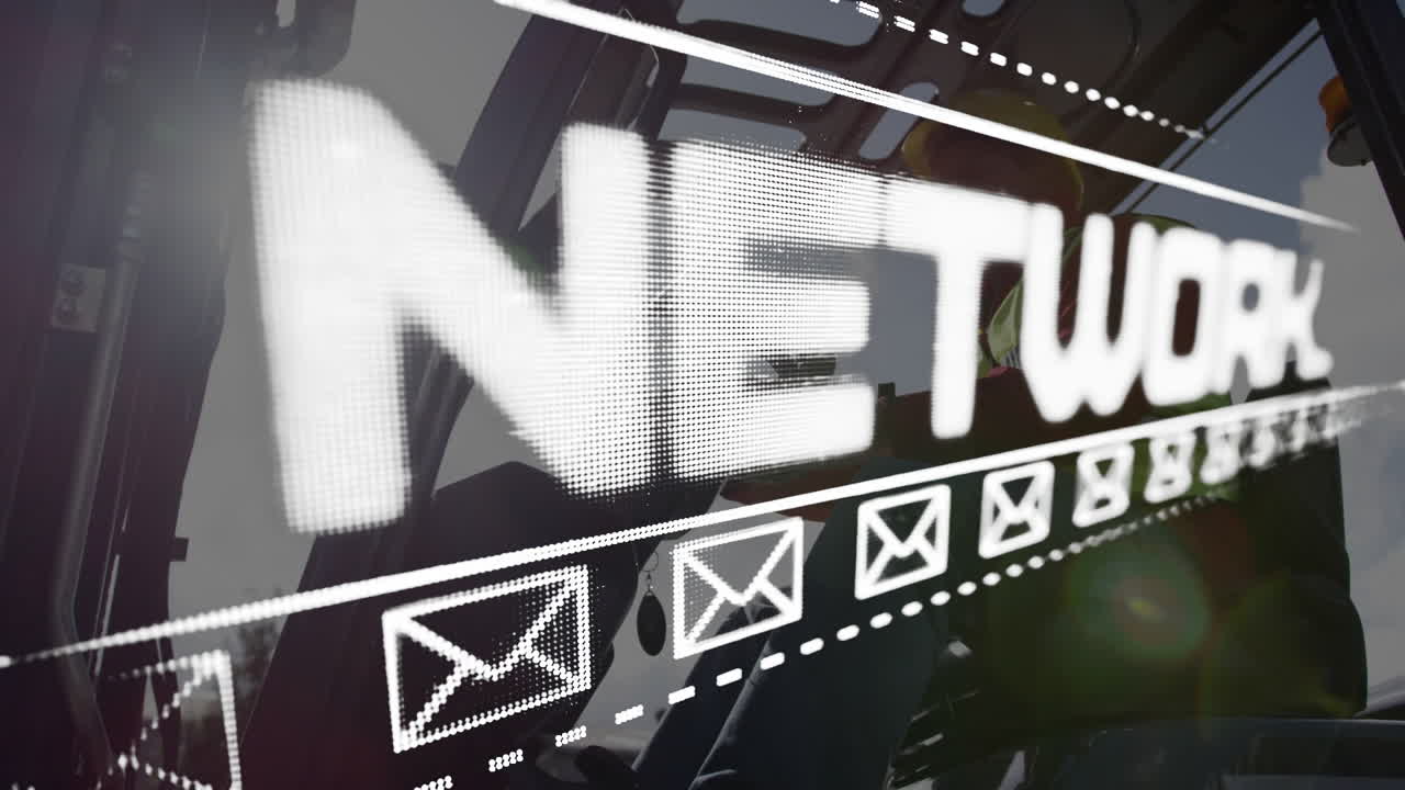 Digital animation of network text and envelope icons on reflective surface