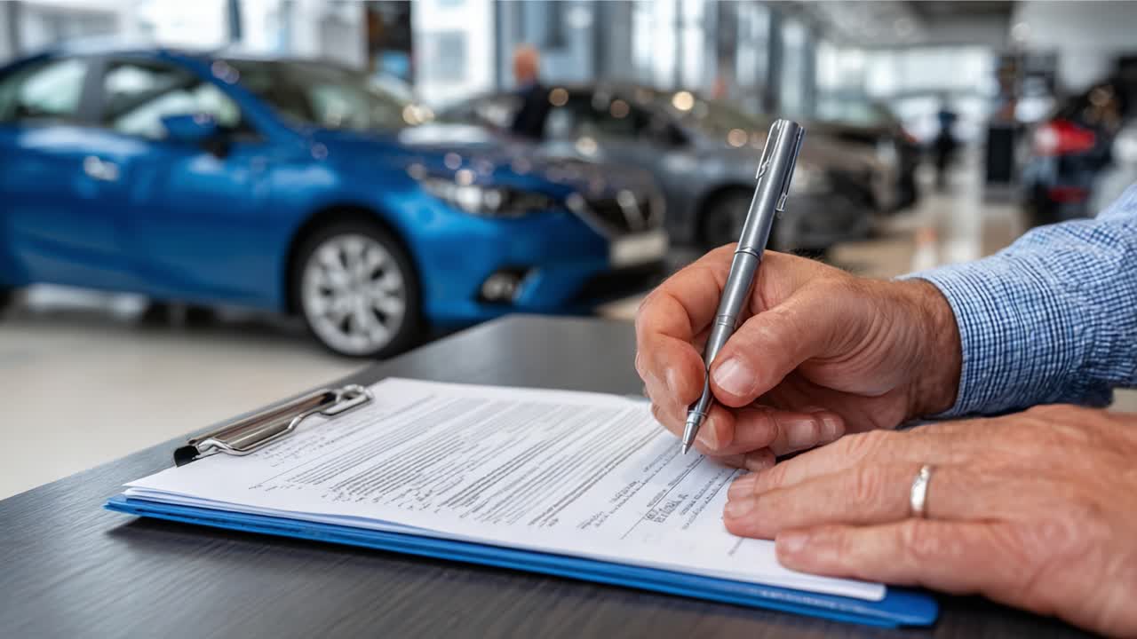 Cerrando el trato: Firma de documentos importantes en un concesionario de automóviles con vehículos de fondo para una experiencia de compra memorable