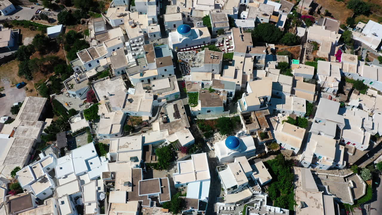 Aerial top down shot of a traditional cycladic settlement. The town of Apollonia, capital of the island Sifnos, Greece.