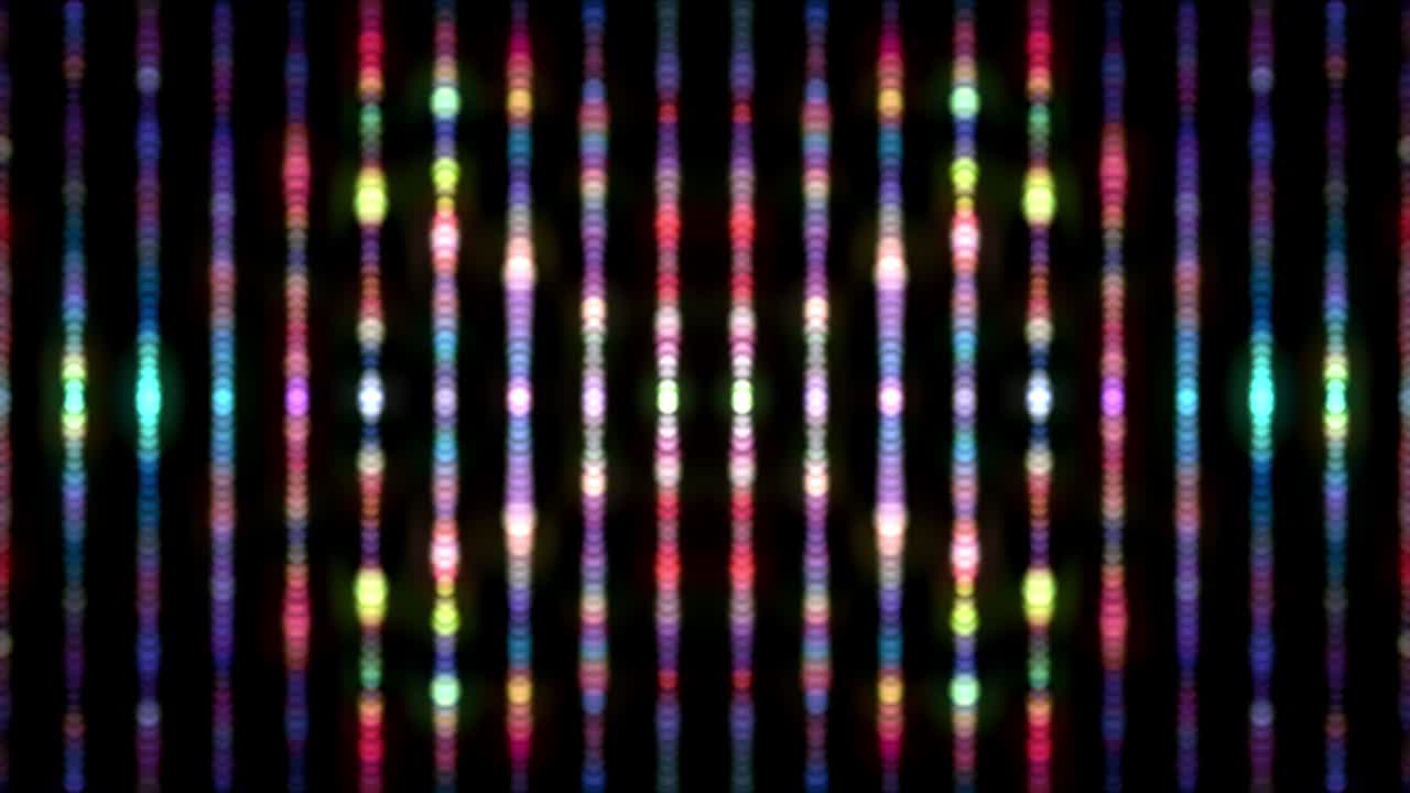 Sfondo luminoso verticale futuristico digitale sfocato con effetto bokeh arcobaleno. Loop continuo 4K 3D, bellissima animazione CG di luce sfocata, brillante e luminosa, particelle multicolori sfocate in linee verticali bokeh.