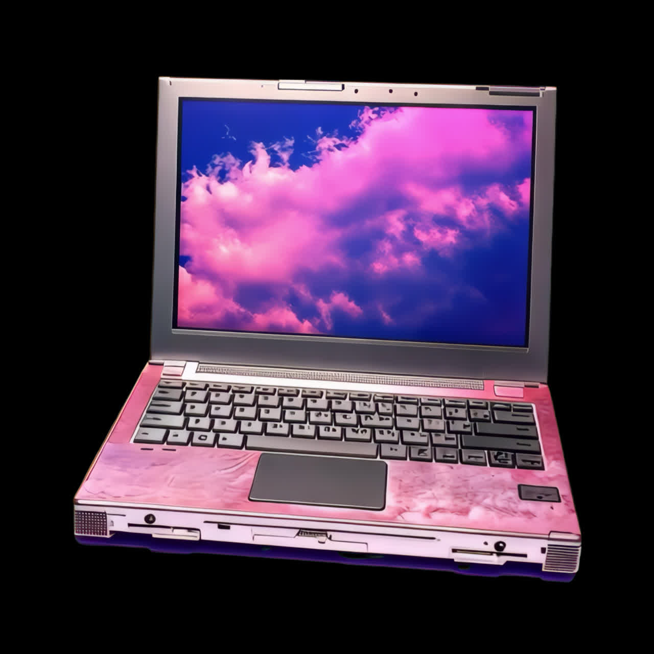 Vibrant laptop with pink clouds animation isolated asset, transparent 4K video, alpha channel