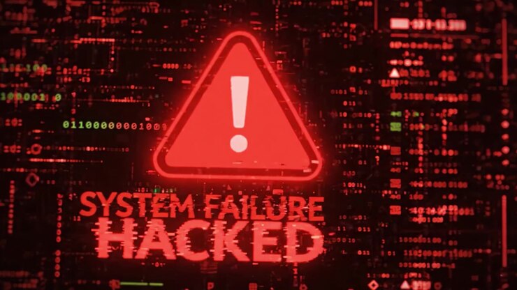 A dramatic depiction of a system failure highlighted by a bold red warning sign indicating access denial, showcasing an intricate digital backdrop with cyber symbols and error codes.