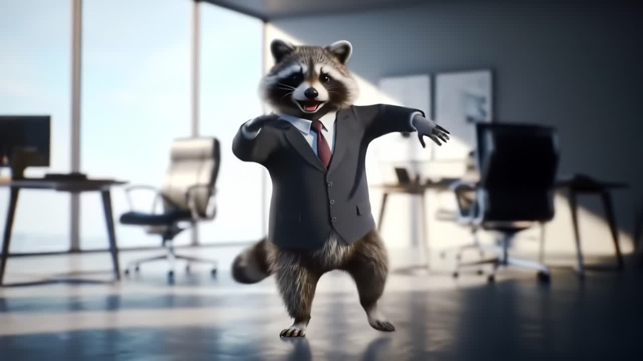 A raccoon dressed in a sharp suit runs playfully through a modern office space, filled with desks and chairs. The light from the windows highlights this unique and entertaining character.