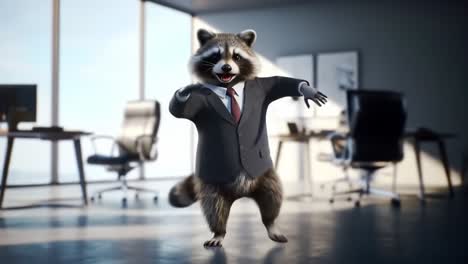 a raccoon dressed in a sharp suit runs playfully through a modern office space, filled with desks and chairs. the light from the windows highlights this unique and entertaining character.