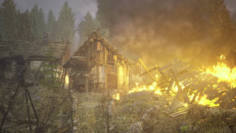 flames engulf abandoned village under ominous smoke filled sky at dusk