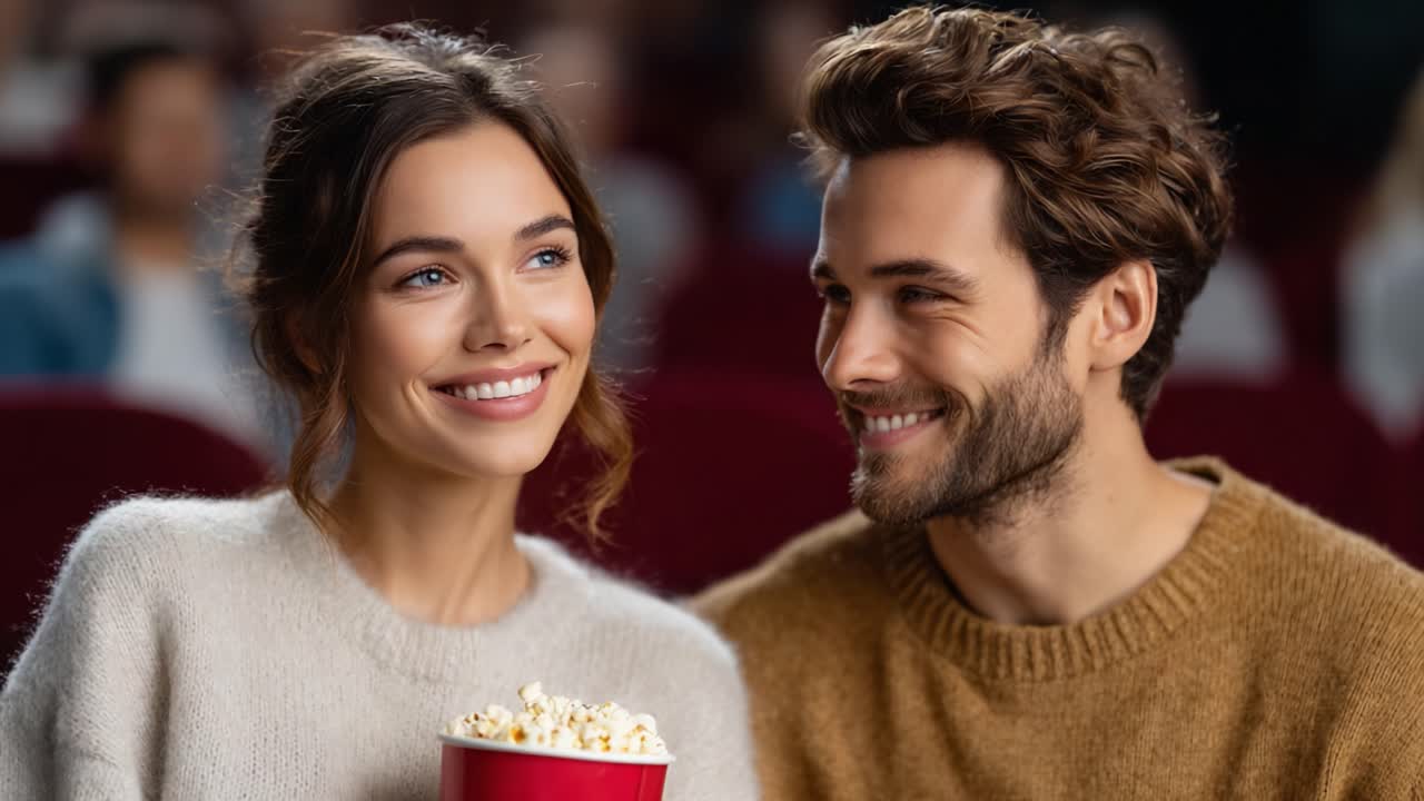 Una coppia si gode una serata al cinema, condividendo momenti di gioia con i popcorn, catturando la felicità e la connessione in un ambiente intimo
