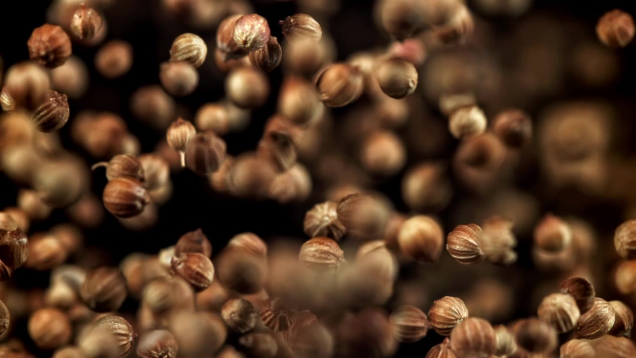 Macro di semi di coriandolo che cadono al rallentatore